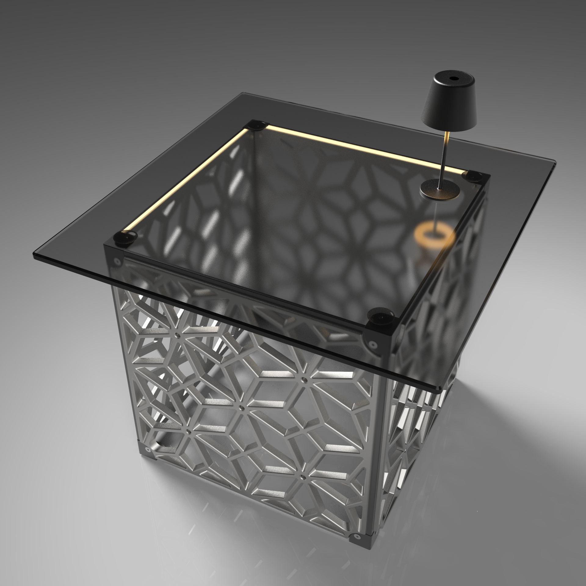 Table basse design en aluminium recyclé avec la grille OREA MAX